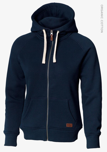 A navy blue hooded jacket with a full front zip, featuring a logo and made from organic cotton.
