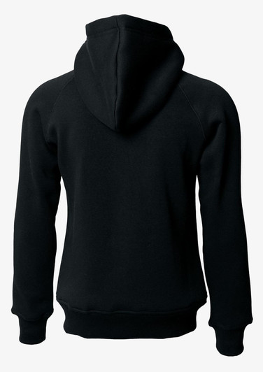 A black women's hoodie featuring a hood and ribbed cuffs, with a logo on the back.