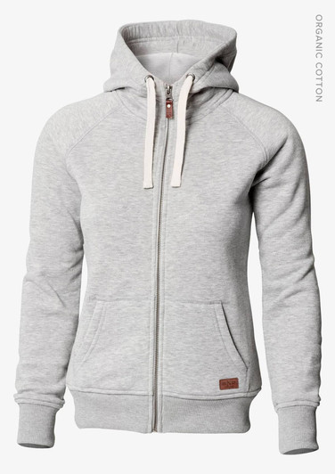 A grey zip-up hoodie with a hood, featuring pockets and a logo on the front. Made from organic cotton.