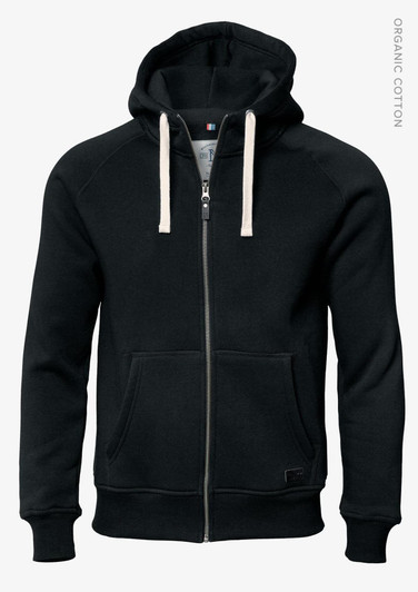 A black zip-up hoodie with a hood, featuring a front pocket and contrasting drawstrings. Includes a logo.