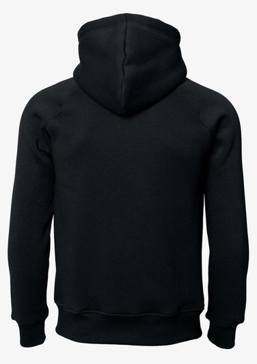 A black hoodie with a hoodie design and a simple, unembellished back view. It features a logo.