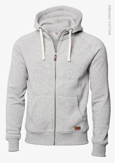A grey hoodie with a zip front, drawstring hood, and a logo. Made from organic cotton.