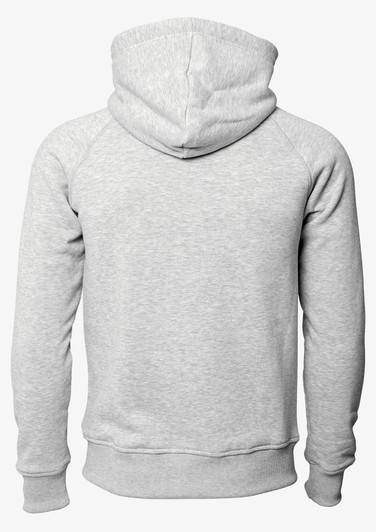 A grey hoodie with a hood and long sleeves, featuring a simple design with no visible logos.