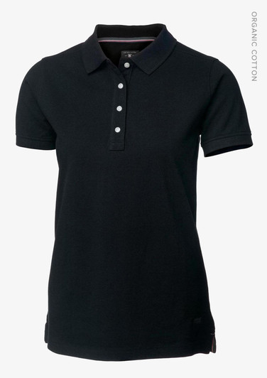 A black polo shirt made from organic cotton, featuring a collar and button placket, with a logo present.