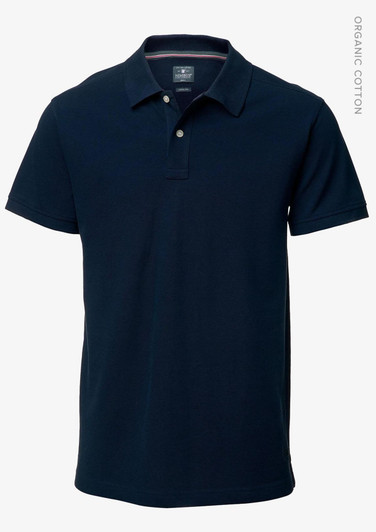 A navy blue polo shirt made from organic cotton, featuring a classic collar and three-button placket.