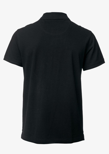 A black polo shirt with a classic design, featuring a collar and short sleeves. It has a logo on the chest.