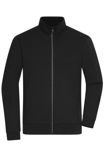 A black track jacket featuring a full zip and a stand-up collar. It includes a logo on the chest.