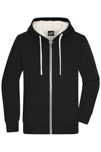A black doubleface jacket with a zip front, hood, and white drawstrings, featuring a soft inner lining.