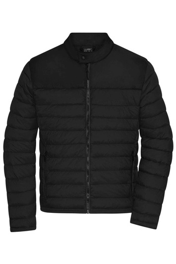 A black padded jacket featuring a zip-up front and a high collar, with a logo on the inside.