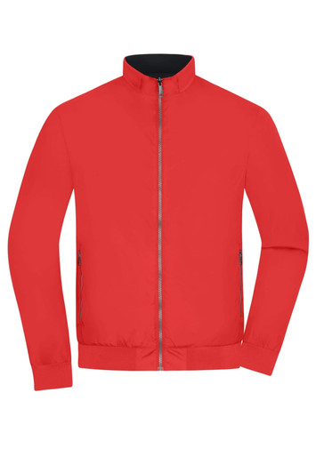 A red blouson jacket with a zip-front, collar, and side pockets. It features a logo on the left side.