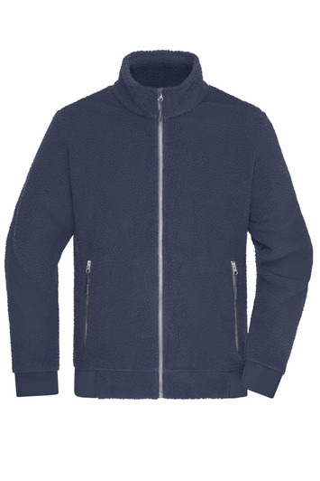 A navy Sherpa jacket with a zip closure and side pockets, featuring a high neck and long sleeves.
