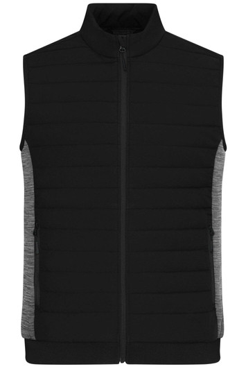 A black padded hybrid vest with grey side panels and a high collar, featuring zippered pockets and a logo.