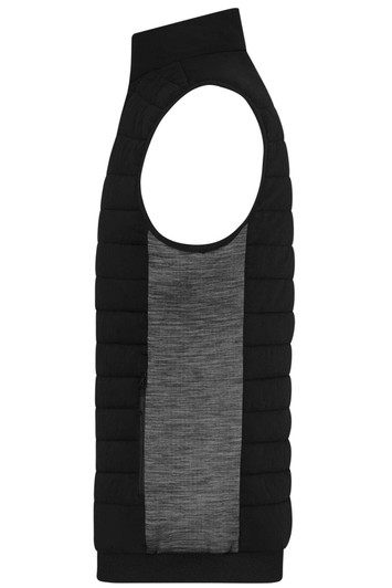A black and grey men's padded hybrid vest featuring a sleeveless design and textured fabric.