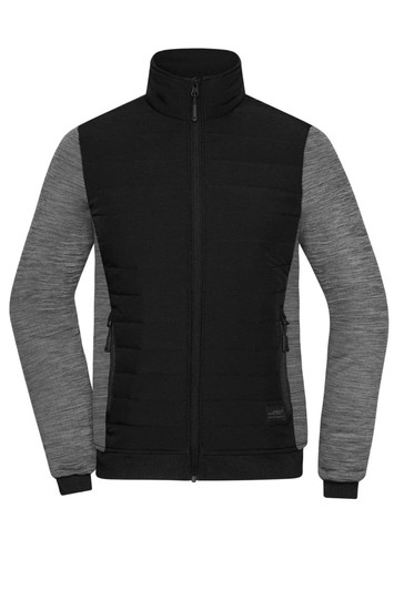 A padded hybrid jacket featuring a black front and grey sleeves, with a high collar and zippered pockets.