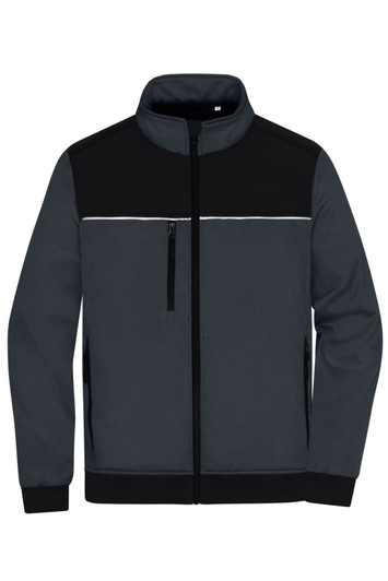 A Hybrid Workwear Jacket in grey and black, featuring a high collar and multiple zip pockets. It has a logo.