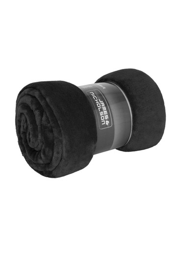 A rolled black microfibre fleece blanket, featuring a simple branding label.