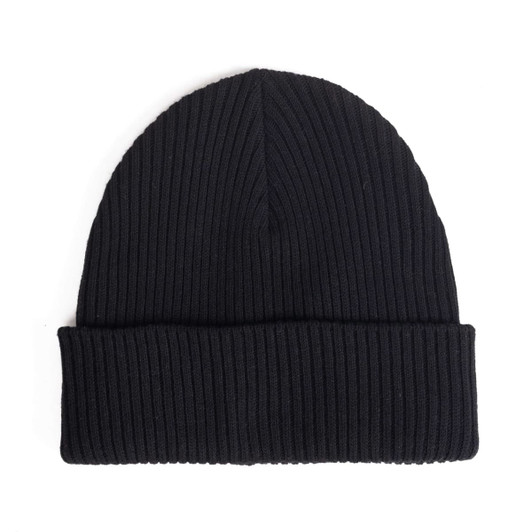 A ribbed black beanie with a rolled cuff, featuring a logo on the side.