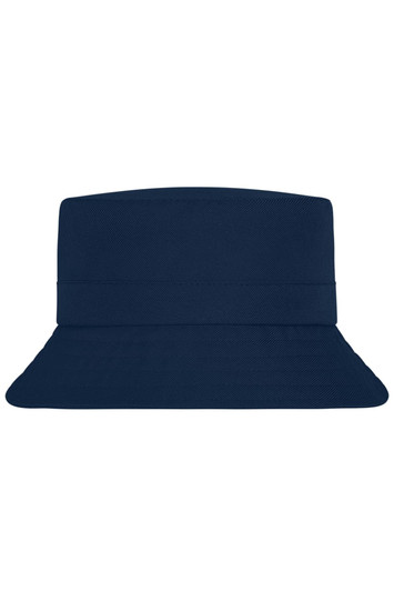 A navy fisherman hat with a wide brim and a solid, structured design. It features a branding logo.