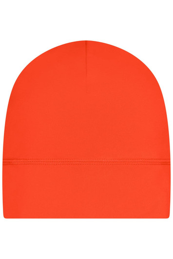 An orange running beanie with a seamless design and a branding logo at the rear.