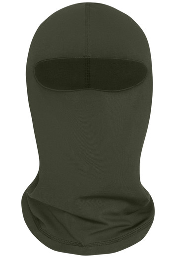 A green balaclava is displayed, featuring a contoured design with an opening for the eyes and mouth.