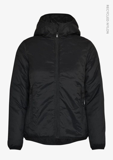 A black women’s jacket with a hood, featuring a zip front and side pockets, made from recycled nylon.