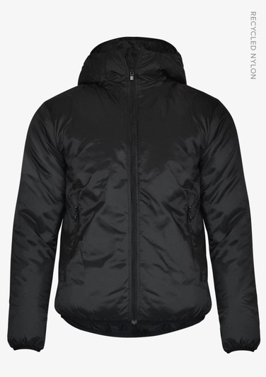 A black jacket with a hood, featuring a front zip and hand pockets, made from recycled nylon.