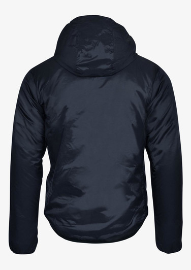 A navy blue Aspen Men Jacket featuring a hood and a smooth, shiny exterior, with a logo on the back.