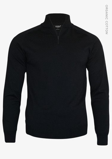 A black 1/4-zip men's knitwear featuring long sleeves and a collar. The product has a branding logo.
