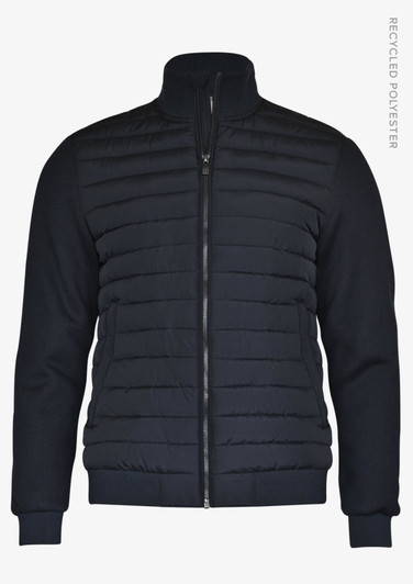 A navy jacket with a quilted design and high collar, featuring a zip front and ribbed cuffs. It has a logo.