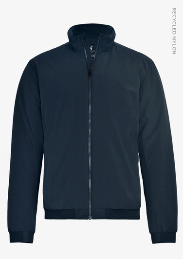 A navy blue men's jacket with a zip front and a high collar, featuring a logo on the side.