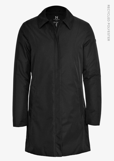 A black women's jacket with a collar and long sleeves, featuring a logo on the upper side.