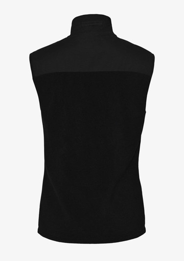 A black unisex vest featuring a high collar and a simple design, with a solid back and shoulder detail.