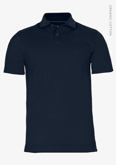A navy polo shirt made from organic cotton, featuring a collar and short sleeves, with a logo present.