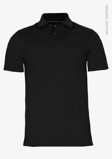 A black polo shirt made from organic cotton, featuring a collar and short sleeves, with a logo.