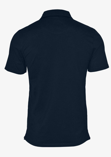 A navy polo shirt with a classic design featuring a collar and short sleeves. It has a logo on the chest.