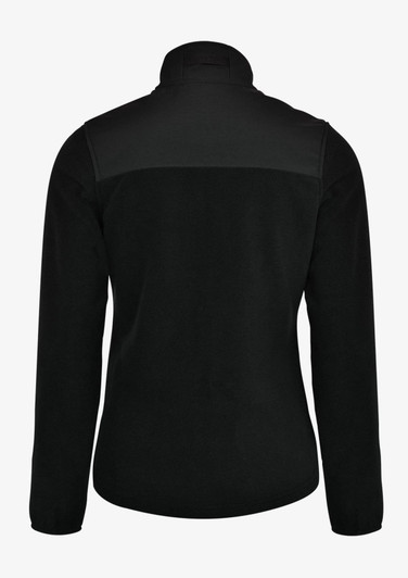 A black women's jacket with a high collar and a textured back panel. Features long sleeves and a simple design.