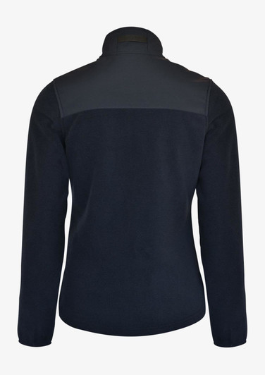 A women's jacket in navy featuring a high collar and a sleek design. The back is predominantly dark blue and has a logo.