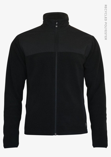 A black men’s jacket featuring a high collar and zip-up front, made from recycled polyester.