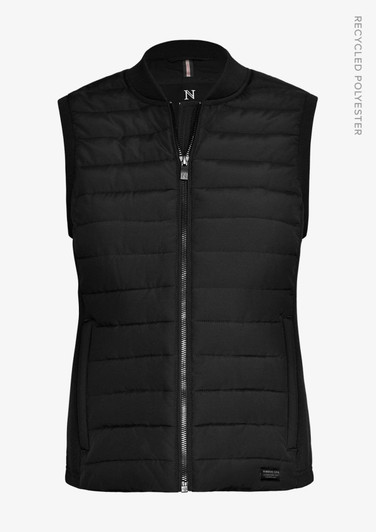 A black women's vest with a zip front and a puffy texture, made from recycled polyester. It features a logo on the side.