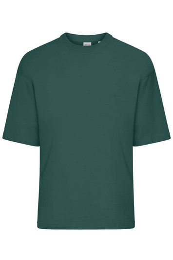 An oversized dark green t-shirt featuring a loose fit and short sleeves. It has a brand logo on the label.