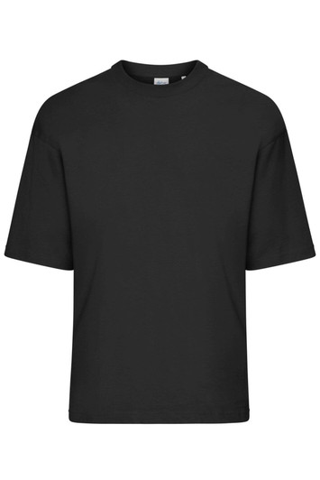 An oversized black T-shirt with short sleeves and a round neckline, featuring a logo on the tag.