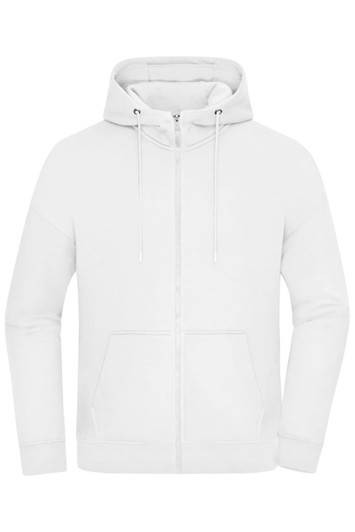 An oversized hooded jacket in white, featuring a zip front and front pockets, with a logo on the chest.
