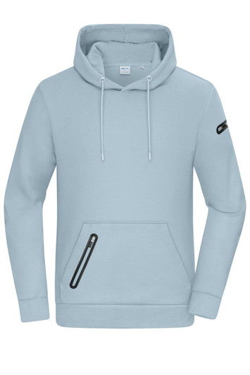 A light blue men's hoodie with a drawstring hood and a zippered pocket on the front, featuring a logo on the sleeve.