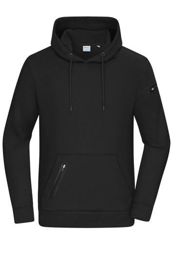 A black men's hoodie with a front pocket and a zippered side pocket, featuring a logo on one sleeve.
