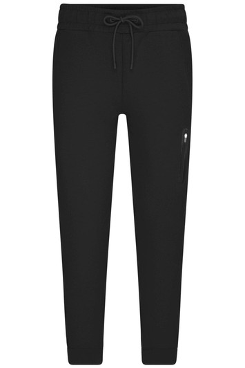 Black interlock men's pants with a drawstring waist and a zip pocket on the side. Features a logo on the waistband.