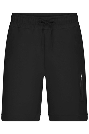 Black interlock sports shorts featuring an elastic waistband and a zip pocket. Includes a logo on the front.
