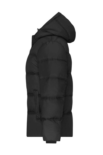 A black puffer jacket featuring a hood and a side view design. It has a sleek and padded appearance.