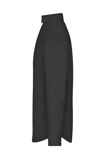 A black men's shirt with a straight-cut design, featuring a collar and long sleeves.