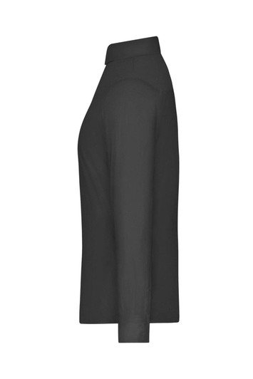 A ladies shirt in a solid dark colour, featuring a collared neck and long sleeves, with a logo on the side.