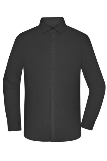 A black button-up shirt for men with long sleeves and a collar, featuring a logo on the label.